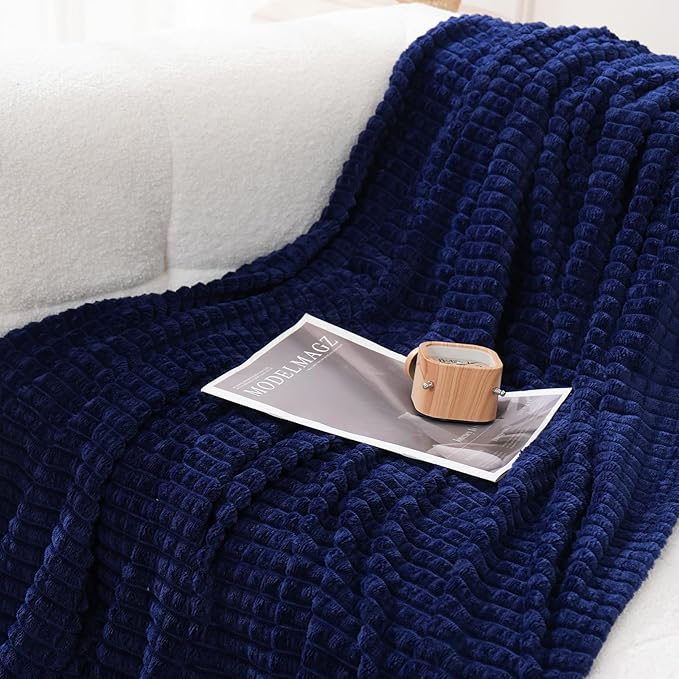 Puncuntex Flannel Fleece Throw Blanket Navy Blue 50"×60",Super Soft Plush Cozy Blanket with 3D Jacquard Square Grid Design Luxury for Couch Sofa Chair,Dark Blue