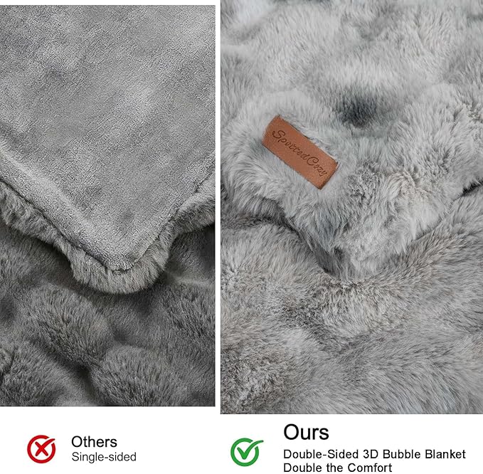 Premium Double-Sided Faux Fur Twin Blanket for Couch, Ultra Soft Gray Cozy Plush Fluffy 3D Bubble Blanket, for Bedroom Living Room Nap Travel Home Decor, 60" x 80"