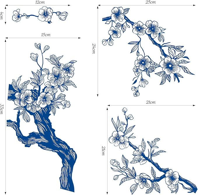 SHUCHING Blue and White Flower Wall Sticker, Tree Branch Wall Decal Peel and Stick, Vintage Boho Floral Wall Art Decor for Bedroom Living Room