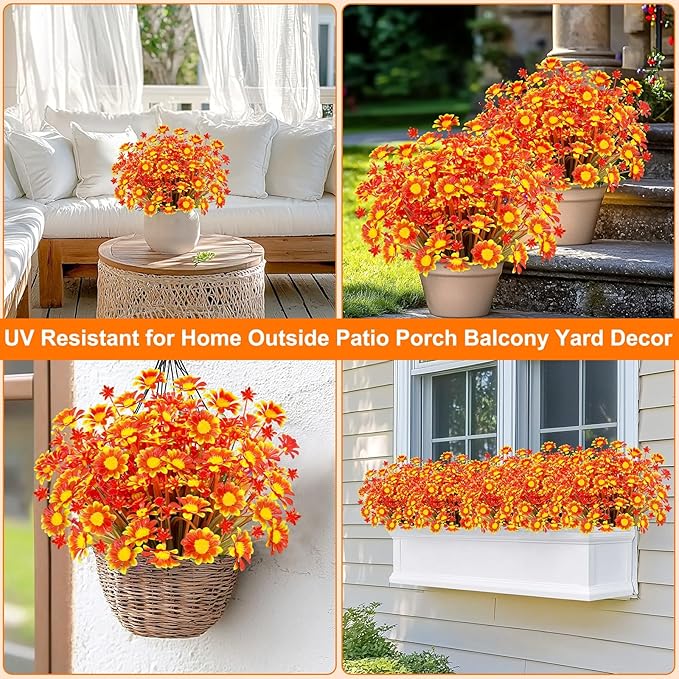 8 Bundles Artificial Daisy Flowers for Outdoors Spring Decor, UV Resistant Faux Cemetery Flowers Plastic Greenery Shrub Fake Flowers Plants Home Gardens Porch Planter Indoor Summer Fall Decor(Orange)