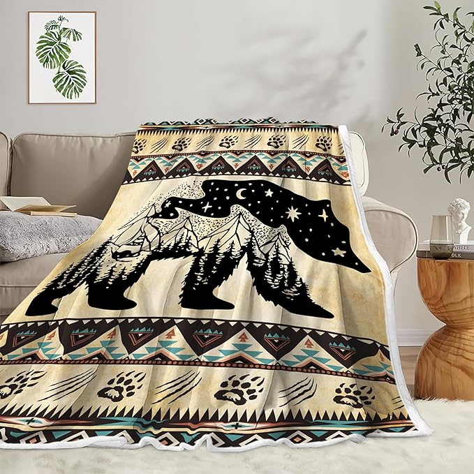 Rustic Cabin Throw Blankets, Hunting Camping Cozy Warm Bed Couch Blanket, Rustic Bear Moose Forest Vintage Western Decor Theme Fleece Flannel Throws to Decorate the Room and Bedroom 60X70IN（Yellow）