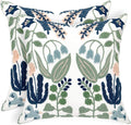 Alysheer Spring Floral Embroidered Decorative Throw Pillow Covers 18"x 18" Set of 2, Farmhouse Navy Blue Flowers Green Leaves Tufted Patterned Cotton Cushion Cases for Couch Bed Living Room Decor