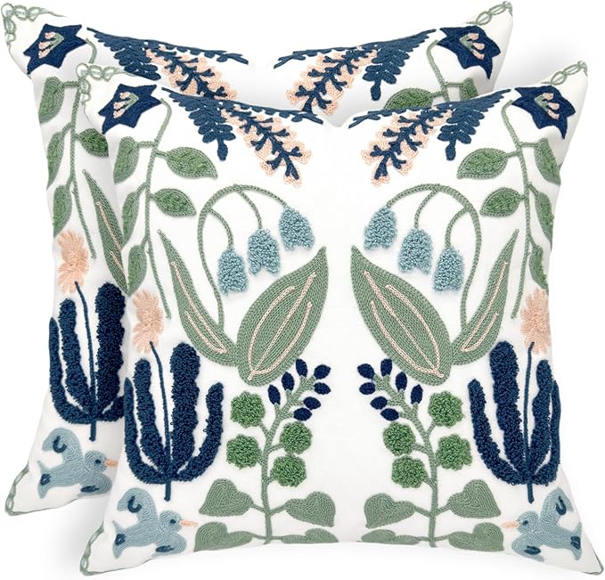 Alysheer Spring Floral Embroidered Decorative Throw Pillow Covers 18"x 18" Set of 2, Farmhouse Navy Blue Flowers Green Leaves Tufted Patterned Cotton Cushion Cases for Couch Bed Living Room Decor