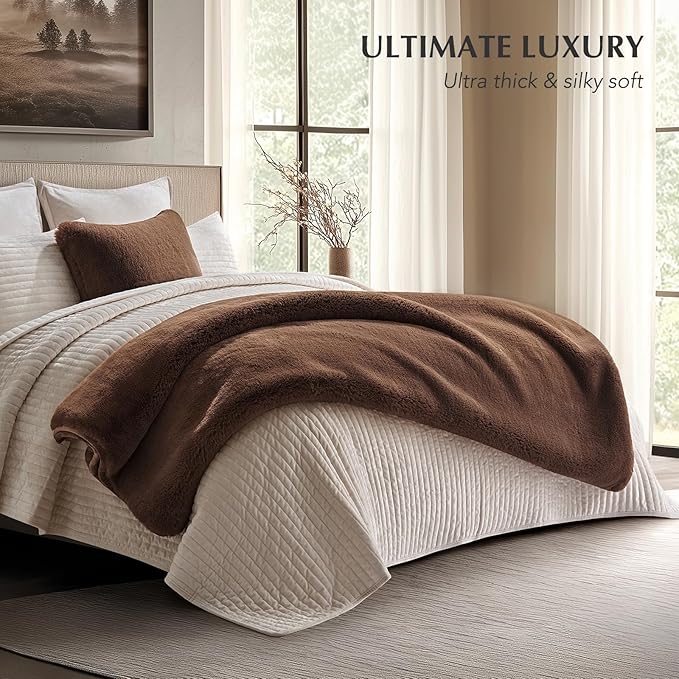 EVERGRACEHOME Luxury Soft Faux Chinchilla Fur Throw Blanket for Couch, Warm Thick Heavy Winter Throw Blanket 1220GSM for Bed, Fluffy Cozy Mink Blanket with Reversible Velvet, Chestnut Mink, 60"x80"