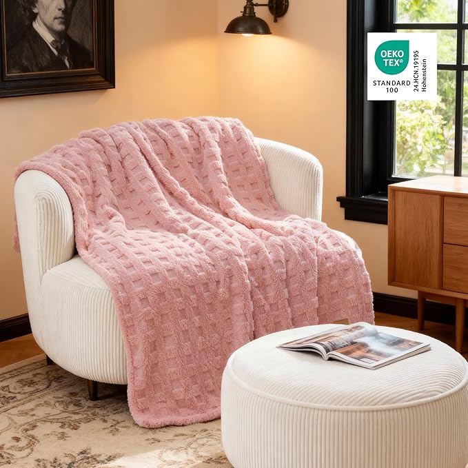 Bedsure Waffle Fleece Blanket for Couch - Light Pink GentleSoft Fluffy Checkered Twin Blanket for Sofa Bed Room Decor, Warm Cozy Cute Women Gift, 60x80 Inches