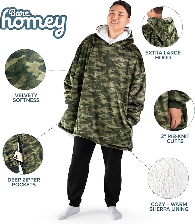 Bare Home Wearable Blanket Hoodie - Soft Plush Sherpa - Warm and Cozy - Oversized Wearable Blanket - Adult & Kid Sizes