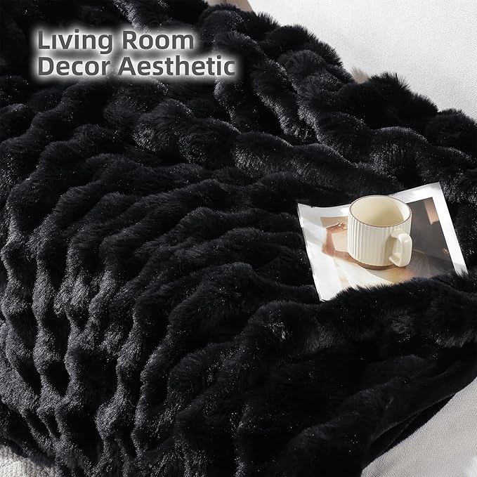 Smoofy Faux Fur Throw Blanket for Couch – Black Fluffy Cozy Rabbit Fleece, Plush Soft Bubble Blanket for Sofa & Bed, for Mom, Warm Fuzzy Home Room Decor Throw 50" x 60"