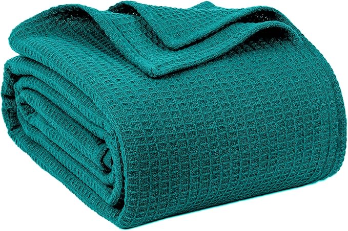 100% Cotton Blankets for Bed - Waffle Weave Blankets for Summer, Lightweight and Breathable Soft Woven Blanket for Spring (Teal, Queen (90" x 90"))