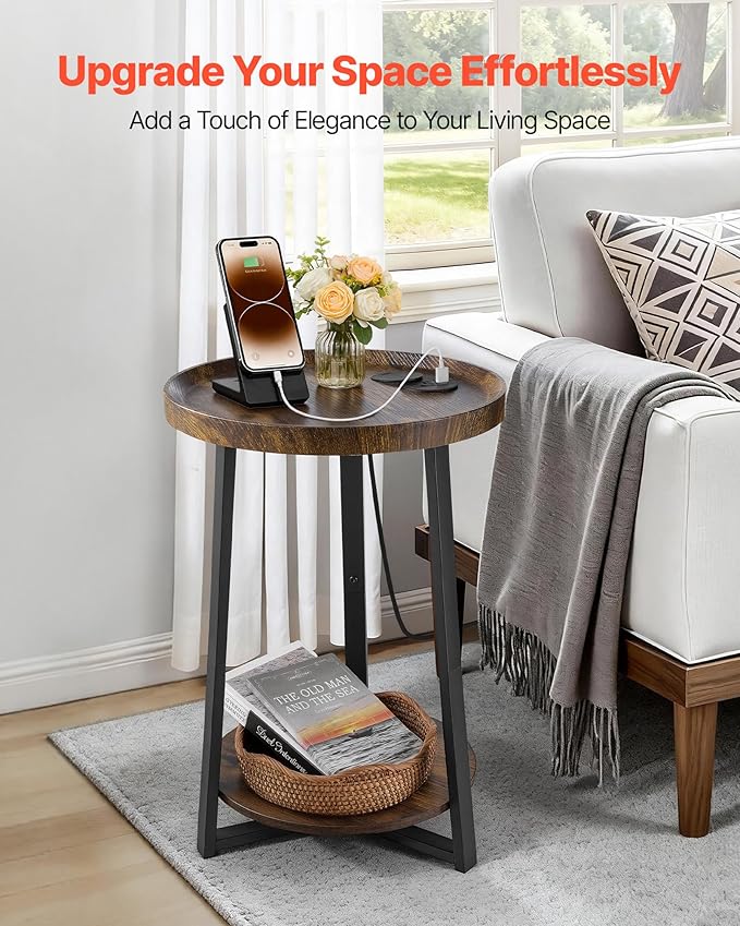 VEVOR Round Side Table with Charging Station, 15.7" Metal Round End Table with Storage Shelves, 4.9ft Power Cord, Modern Nightstand for Bedroom, Living Room, Office – Brown