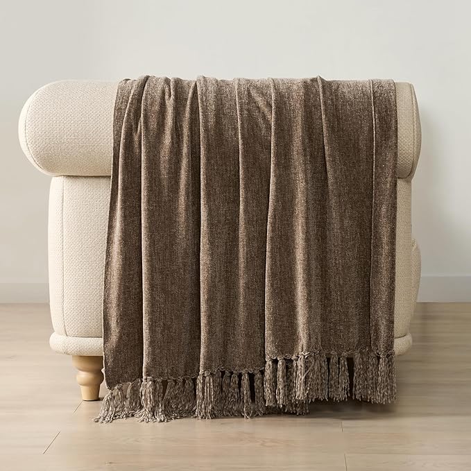 EVERGRACE Soft Polyester Throw Blanket for Couch, Cozy Plush Fuzzy Decorative Polyester Knit Throw Blanket with Tassels,Lightweight Blanket and Throws for Bed Sofa Gift Home Decor, Mocha Brown 50"x60"