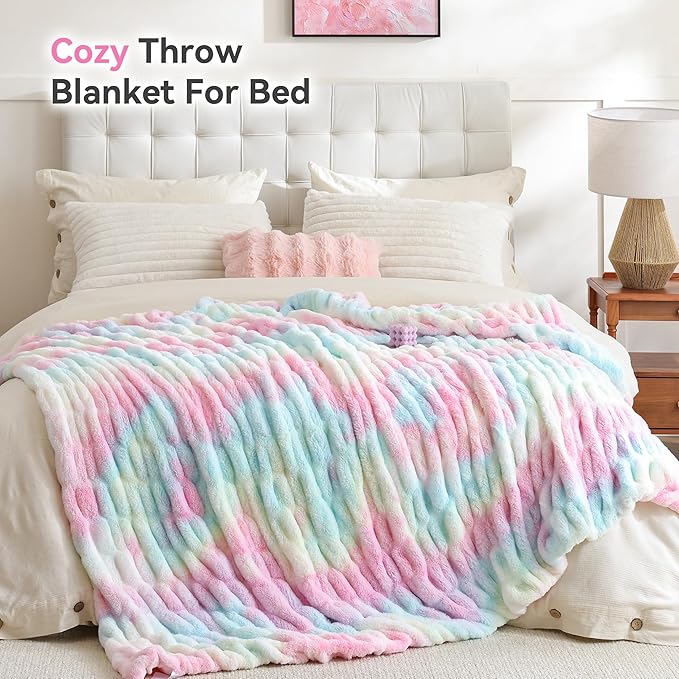 Smoofy Rainbow Throw Blanket for Couch – Ultra Soft Cozy Plush Fluffy Blanket with Faux Rabbit Fur, Fuzzy Lightweight Fleece for Sofa, Bed & Office, Gift for Women, Home Room Decor Throw 50"x 60"