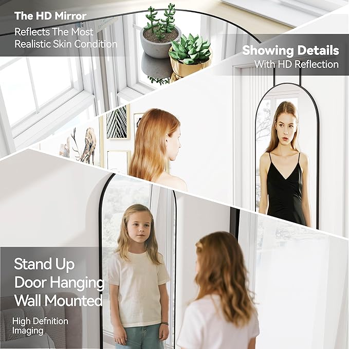 57x20 Door Hanging Full Length Mirror, Floor (Height 5.7ft just Body in1.3ft) or Wall Mounted Metal Frame Arch Dressing Mirrors for Bedroom Bathroom Living Room 57 20 inch Black
