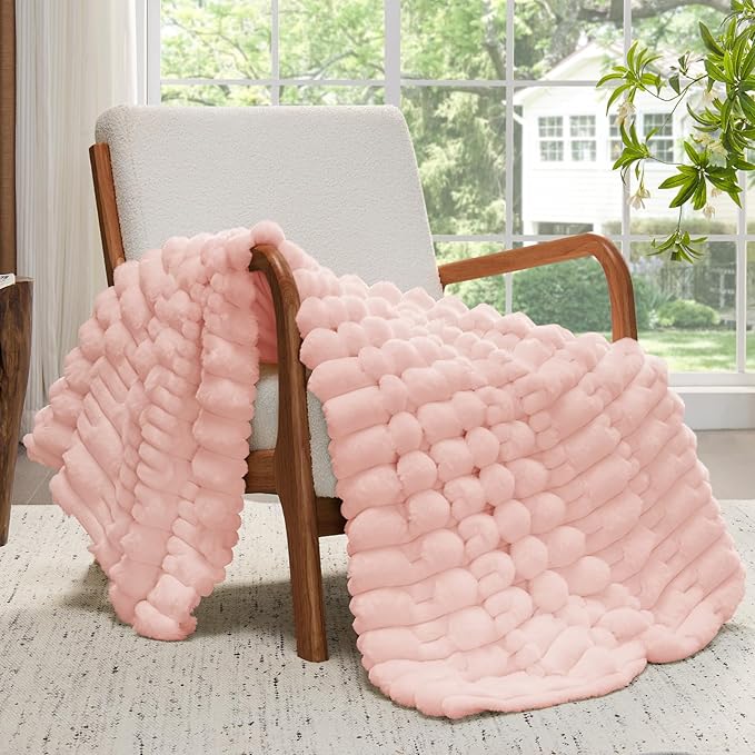 BEDELITE Faux Fur Pink Throw Blanket for Couch - Super Soft & Cozy Plush Striped Blanket for Sofa and Room Decor, Luxury Fluffy All-Season Blankets Gift for Women, Men, Mom, Dad, 50x60 inch, Pink