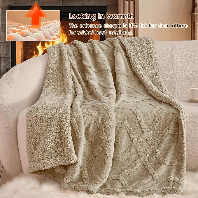 PHF Fluffy Sherpa Fleece Blanket Queen Size for Winter, Warm and Cozy, 510GSM 3D Tufted Shaggy Fleece Blanket for Sofa Bed, Khaki, 90"x90"