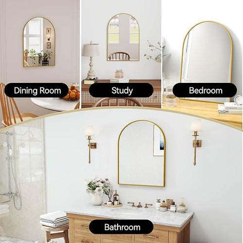 30x20 Arch Mirror Rectangle Wall Mounted Hanging or Against Wall Metal Aluminum Alloy Frame Mirrors for Entryway Bedroom Bathroom Living Room 30 20 inch Gold