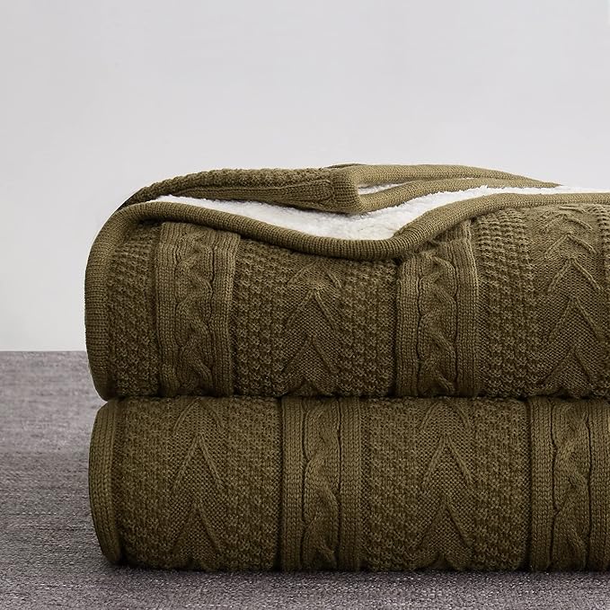 Longhui bedding Dark Brown Acrylic Cable Knit Sherpa Throw Blanket - Thick, Soft, Big, Cozy Dark Brown Knitted Fleece Blankets for Couch, Sofa, Bed - 50 x 63 Inches
