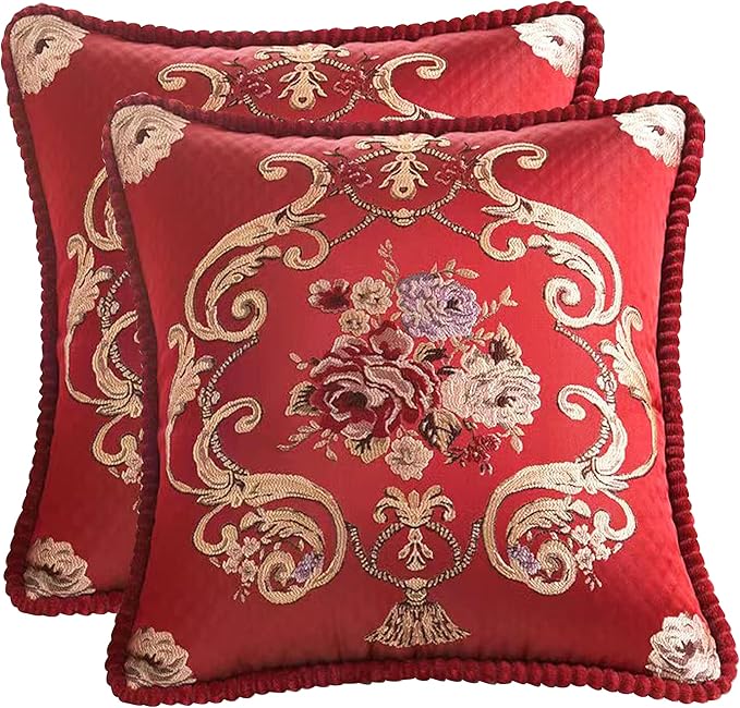 SZHELEJIAM Pillow Covers 18x18 Set of 2, Jacquard Vintage Embroidered Thow Pillow Cove,for Decorating Living Room Sofas, Beds, Chairs, and Recliners Cushion Cases Red
