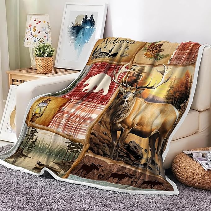 JAWO Rustic Cabin Throw Blankets, Farmhouse Country Antique Deer Moose Forest Vintage Cozy Warm Bed Couch Blanket，Hunting Camping Theme Fleece Flannel Throws to Decorate The Room and Bedroom 60X70IN