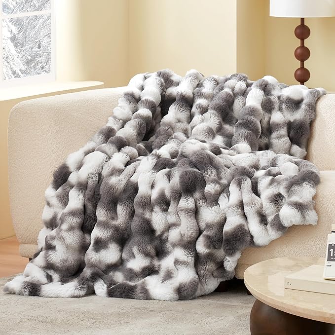 Amélie Home Faux Fur Throw Blanket, Ultra Soft Fuzzy Plush Bubble Blanket for Couch, Bed & Living Room, 60"x80", Tie-dye Grey