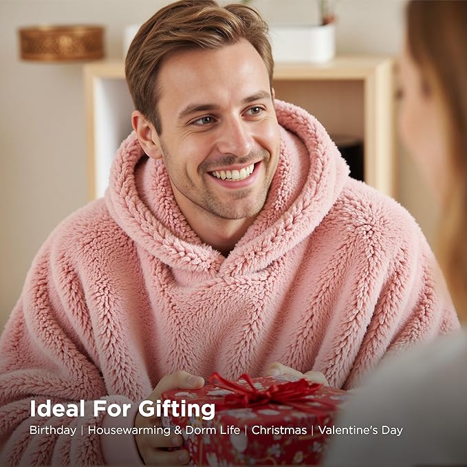 Bedsure Pink Blanket Hoodie, Wearable Blanket Hoodie Plus Size, Birthday Gifts for Wife Mom GF Women Men, Warm Cozy Hoodie Blanket Oversized Sweatshirt for Adult, Plush, White Elephant Gift Ideas