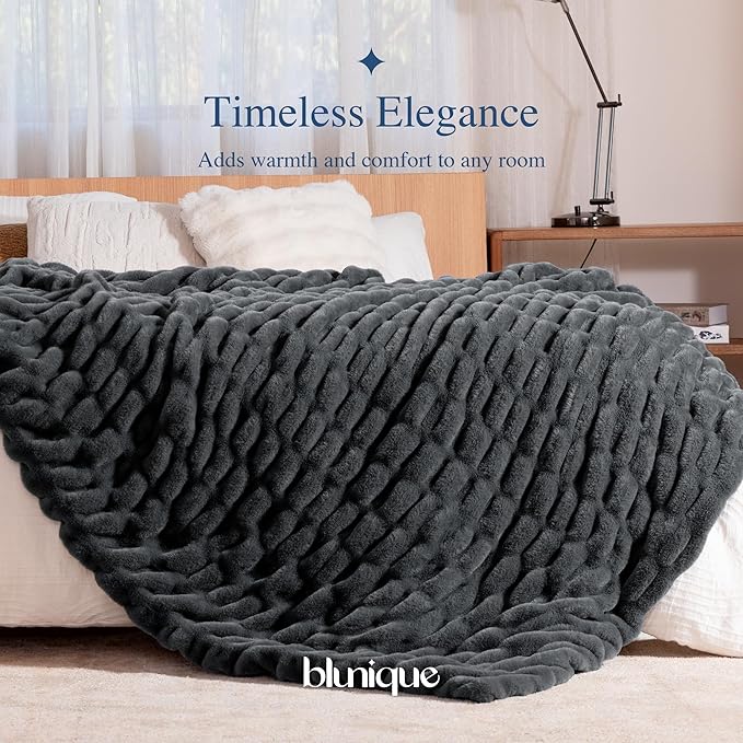 Faux Fur Blanket, Throw Blanket for Couch, Fluffy Blanket with Stretch Ruched Design, Ultra Soft Giftable Home Decor, 50x60 inches, Charcoal Grey