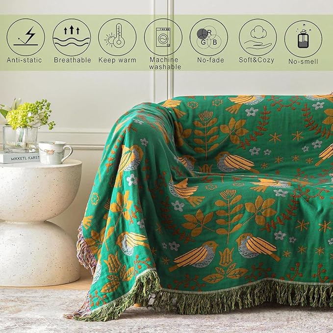 MSGKV Cotton Bed Blanket for Couch and Sofa Blankets for Living Room Bedroom Floral and Birds Throw 80"x90" Spring Breathable Cozy Boho Blankets