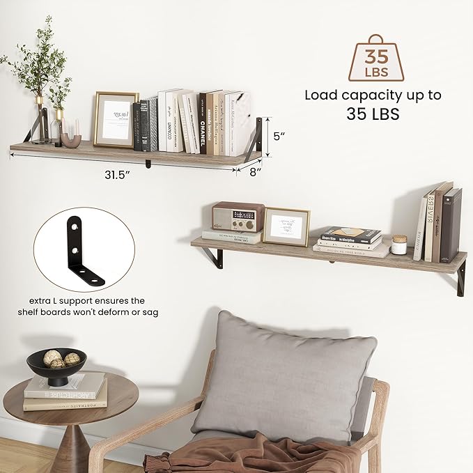 Axeman 32 Inch Floating Shelves | 8 Inch Deep Grey Wood Wall Shelves Set of 2 | 31.5" W x 8" D Rustic Grey Shelves for Bathroom Kitchen Living Room
