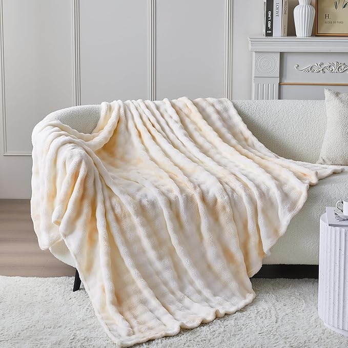 3D Bubble Plush Blanket Textured Fleece Throw Soft Warm Cozy Blanket Couch Bed Tie Dye Beige 60x80 Inches