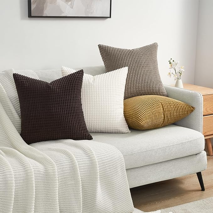 Topfinel 4 Packs Brown Decorative Throw Pillow Covers 18x18 Inch for Living Room Couch Bed, Modern Rustic Modern Home Decor, Soft Corduroy Small Bulge Accent Square Cushion Case 45x45 cm(Rust,Orange)