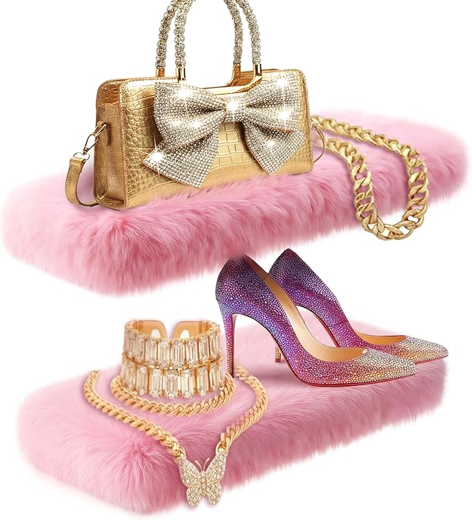 2 Pack Pink Floating Shelves for Wall, Wood Shelf with Fluffy Soft Pink Shag Cover,Wall Mounted Shelves for Bedroom, Living Room, Suitable for Storing Valuable Collectibles,Purses,Handbags,High Heels