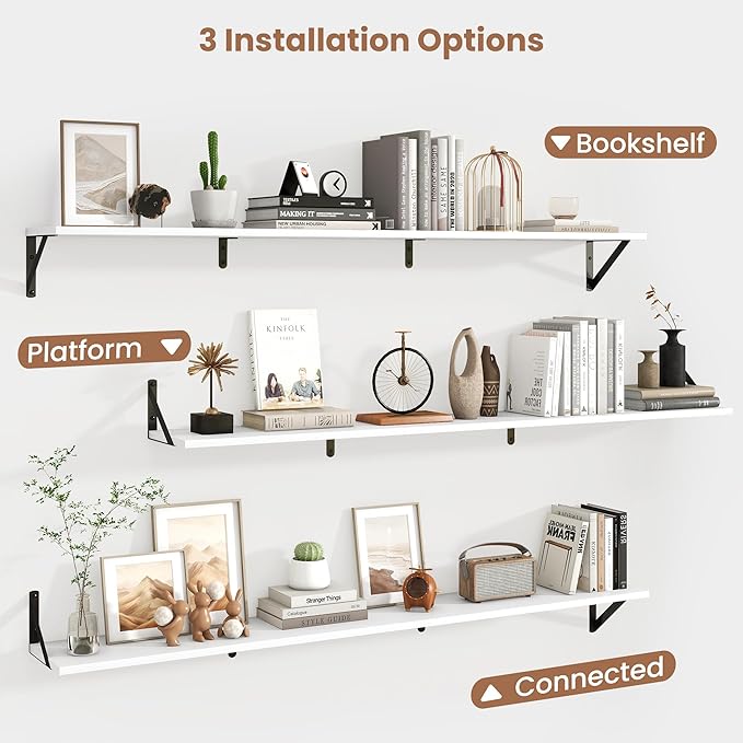 Axeman 55 Inch Floating Shelves | 8 Inch Deep White Wall Shelves Set of 2 | 55" W x 8" D Rustic White Wood Shelves for Bathroom Kitchen Living Room