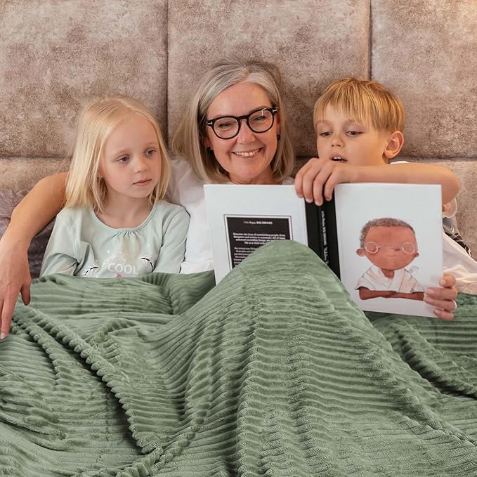 Bnuitland Sage Green Fleece Throw Blanket 90"x108",300GSM Soft Cozy Warm Lightweight Stripe Pattern for Bed Sofa Home Decor,Suitable for Adults Family All Season