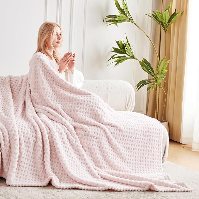 Soft Cozy Fuzzy Fleece Throw Blanket, Waffle Light Pink, 50x60 Inches – Lightweight, Fluffy, and Warm 3D Jacquard All-Season Blanket for Couch, Bed, Sofa, Home Decor, Camping, and Travel