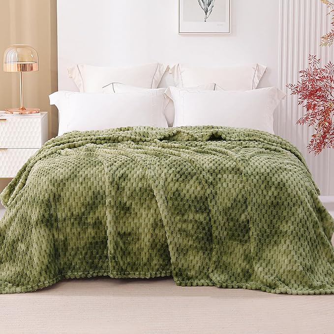 HOZY Queen Size Flannel Fleece Blanket, 90x90 Inches 3D Clouds Stylish Jacquard Velvet Plush Bed Blanket for Queen Full Bed, Tie-dye Olive Green