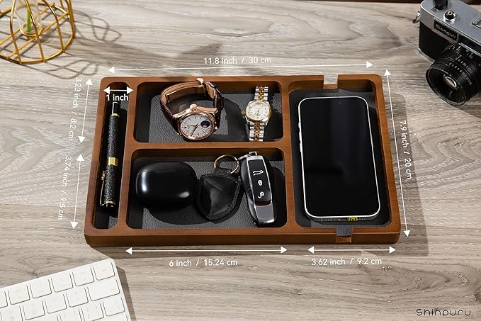 Shinpuru Wooden Valet Tray with Leather Inlay - Nightstand & Desk Organizer - EDC Essentials Catchall Tray for Keys, Phone, Wallet, Watch, Earbuds - Stylish Storage (Wood-Pen)