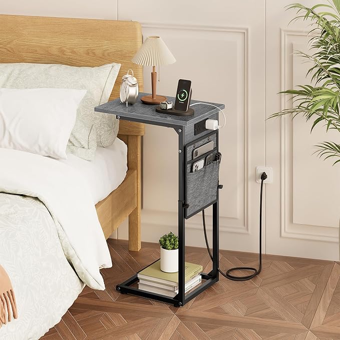 Vagusicc C Shaped End Table with Charging Station, C Table End Table Adjustable Height, Small Side Table for Couch, Sofa Table Slide Under Couch TV Tray Arm Table for Living Room, Bedroom, Gray Walnut
