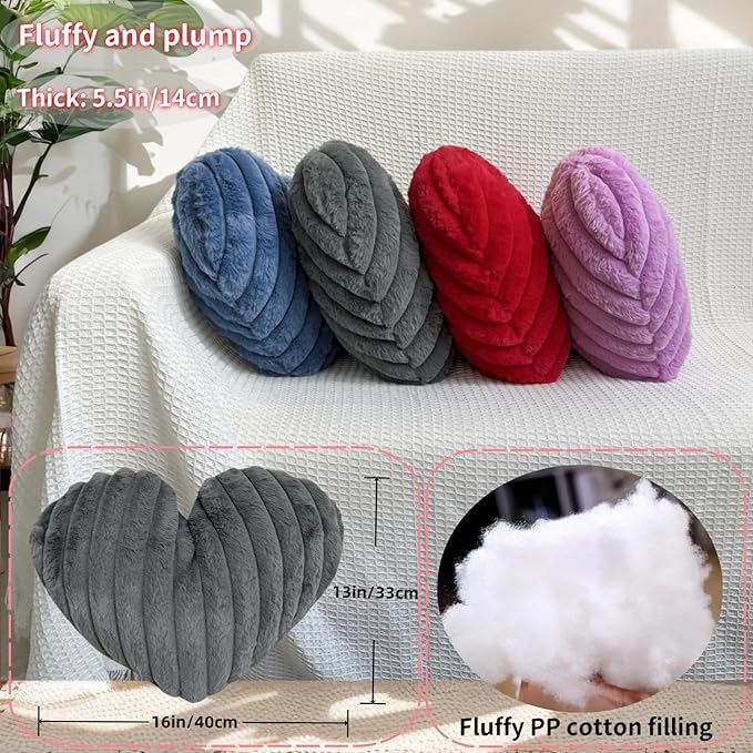 16 Inch Grey Heart Pillow Cute Soft Valentines Decorative Throw Pillows, Heart Shaped Fluffy Faux Fur Pillows Cushions for Couch Chair Bed Bedroom Room Home Decor Aesthetic (1, Gray, Medium-16"x13")