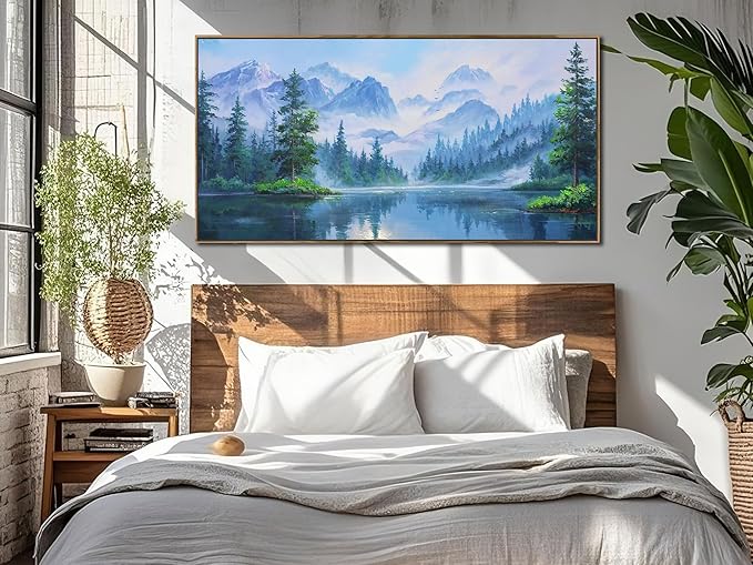 Ardemy Landscape Wall Art Canvas for Living Room, Mountain Lake Nature Bedroom Painting Textured Misty Forest Scenery Picture Green Artwork Home Office Decor, Wood Framed Large 48"x24"