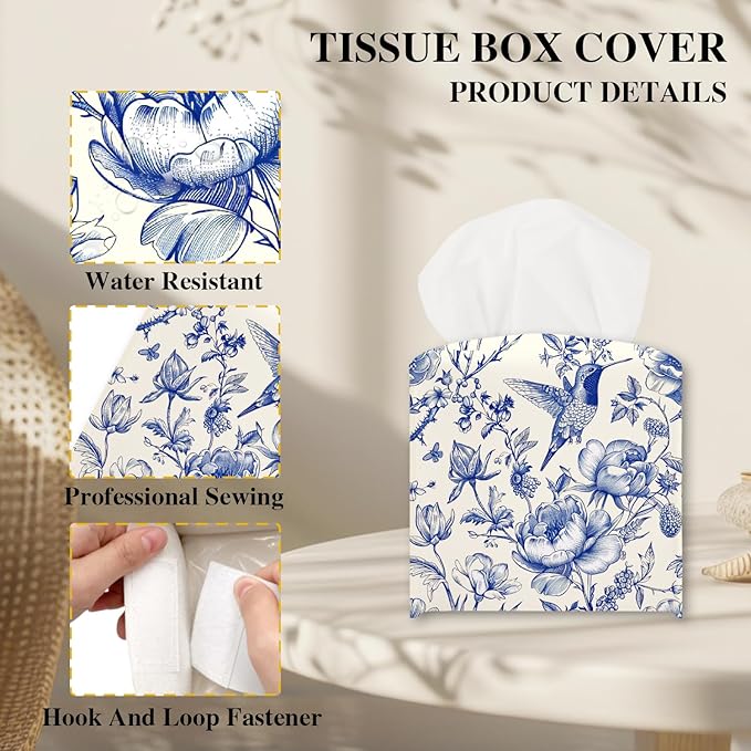 Vintage Floral Tissue Box Cover, Blue Bird Tissue Holder Square with Bottom Belt for Home Bathroom Office Vanity Countertop, Housewarming Gifts Ideas for Women Friends Mom Bestie -06