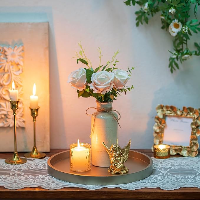 Hanobe Decorative Tray for Coffee Table: Round Champagne Gold Tray for Home Decor - 11.8" Modern Circle Candle Holder Plate for Living Room