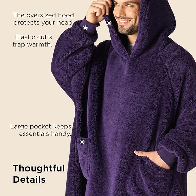 Bedsure Blanket Hoodie, Wearable Blanket Hoodie as Mothers Day, Birthday Gifts for Mom Women Men, Warm Cozy Giant Hoodie Blanket Sweatshirt Present for Mom Wife GF Men Adult, Dark Purple, Standard