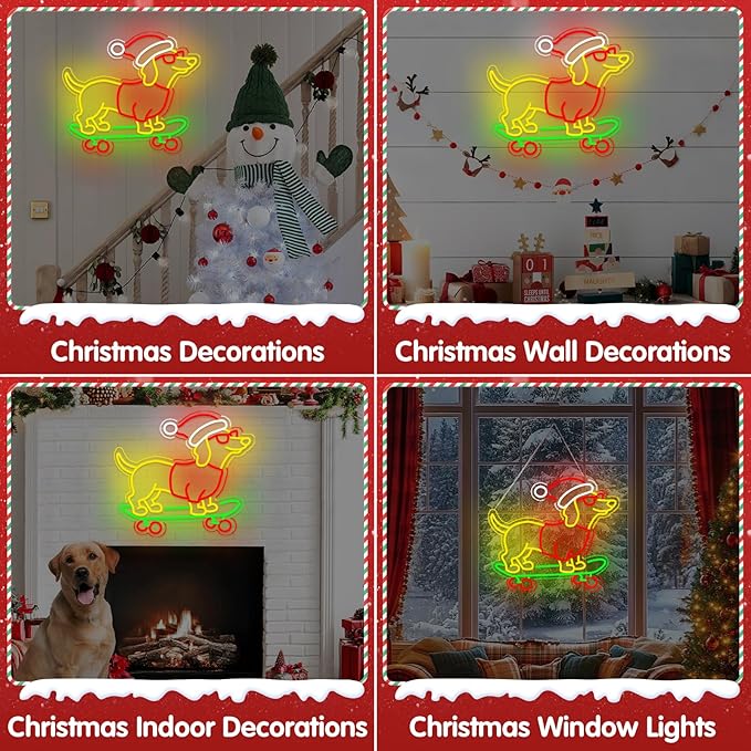 Christmas Neon Sign, Gift for Dachshund Women, Dimmable Dog Lover Gift for Christmas Decorations USB Powered 14.9x13.4in