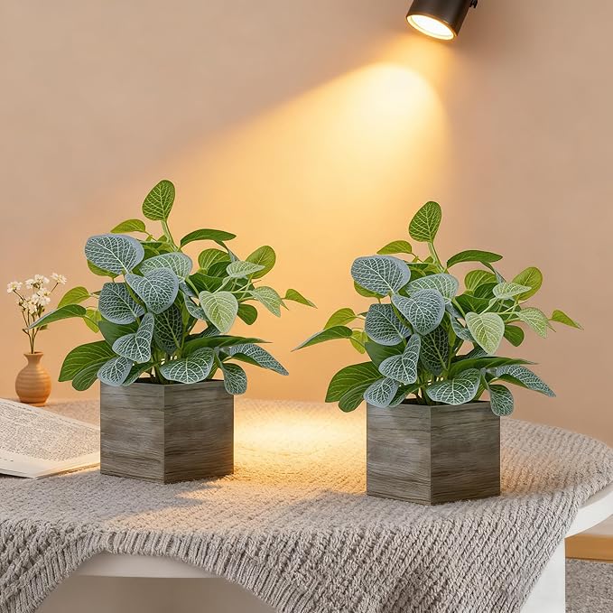 2 Pack Medium Fake Plants with 4 Inch Wooden Planters, 12" Tall Indoor Artificial Plants for Shelves, Desktop, Bedroom, Office Decor