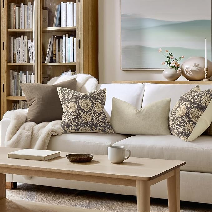 Vintage Floral Print Throw Pillow Covers 22x22 Set of 2 Neutral Modern Farmhouse Accent Decorative Cushion Covers Boho Home Decor for Couch Sofa Chair Bed Living Room, Rustic Gray