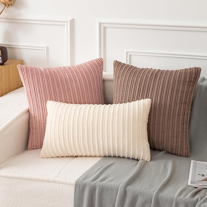 UGASA 14x20 Inch Pillow Cover Pack of 1 Soft Boho Stripe Corduroy Long Rectangular Lumbar Cushion Cover Farmhouse Decorative Throw Pillowcase for Bed, Couch, Sofa, Bedroom, Living Room, Cream