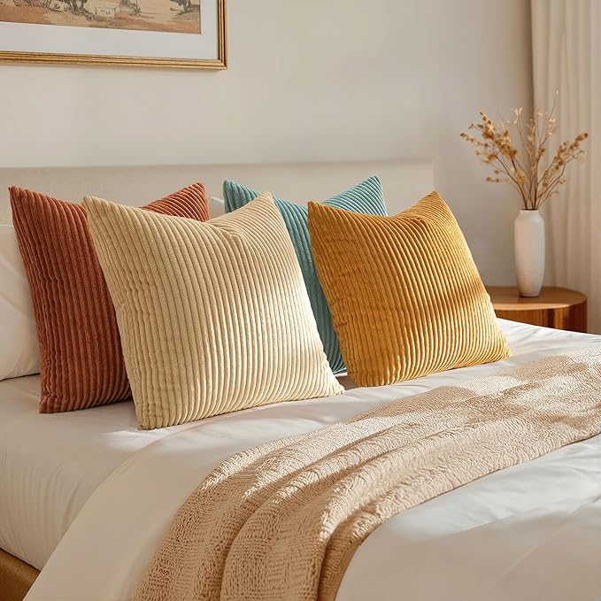 EMEMA Teal Orange Decorative Throw Pillow Covers for Couch Bed Livingroom 18x18 Inch Set of 4 Boho Farmhouse Corduroy Striped Square Pillow Case,Western Modern Cushion Covers Spring Home Decor