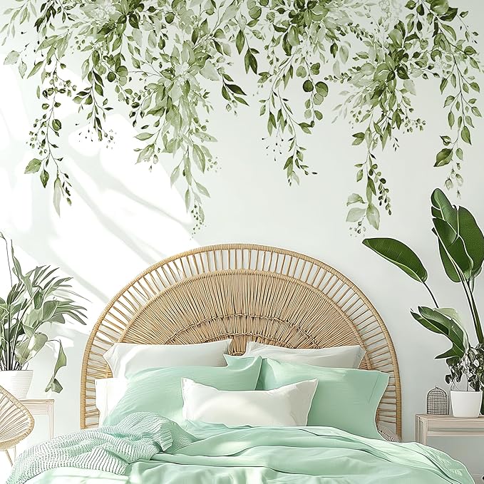 Olive Green Plants Leaves Wall Decals Peel and Stick, Large Floral Flowers Vinyl Wall Stickers, Removable Vine Home Decor Art for Bedroom Living Room Classroom Office