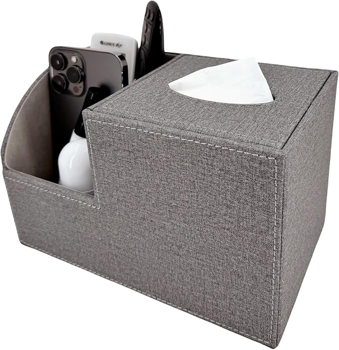 Square Tissue Box Cover,Modern Decorative Cube Tissue Box Holder with Two Compartment Organizers on The Left,Office and Home Living Room,Bedroom,Vanity,Bedside Table,Desktop Tissue Box Storage