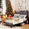 Queen Bed Frame with Headboard and Wheeled Nightstand, PU Leather Upholstered Platform Bed with LED&Charging Station for Bedroom, No Box Spring Needed, Noise Free, Suit for Couple/Single, Grey