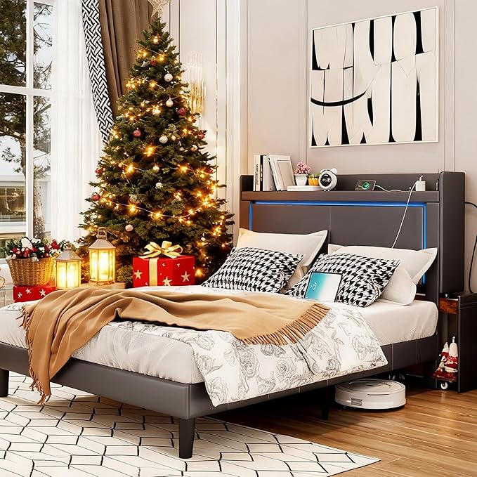 Queen Bed Frame with Headboard and Wheeled Nightstand, PU Leather Upholstered Platform Bed with LED&Charging Station for Bedroom, No Box Spring Needed, Noise Free, Suit for Couple/Single, Grey